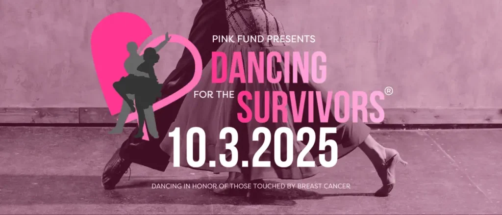 Pink-themed image promoting "Dancing for the Survivors" on October 3, 2025, features a dancing couple silhouette and honors breast cancer survivors.